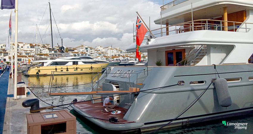 The luxury yacht De-De visits Puerto Banús, Gibraltar, and Seville; all calls consigned by Lamaignere Shipping.